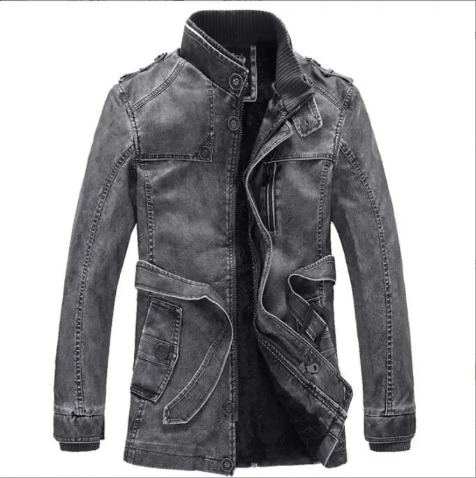 Winter Men's Thick Faux Leather Long Jacket