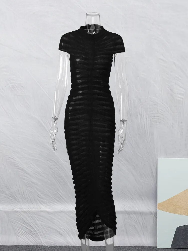 See Through Knit Dress Elegant Striped Solid Skinny Elastic Maxi Dress