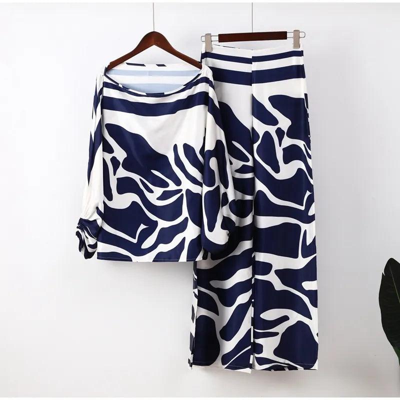 Satin Print Suit Fashion Hollow Off Shoulder Tops With Long Pants