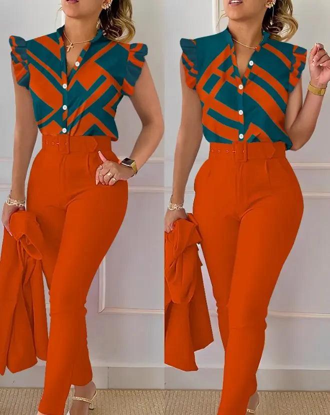 Two Piece Outfit Geometric Print Flutter Sleeve Top & Pants Set