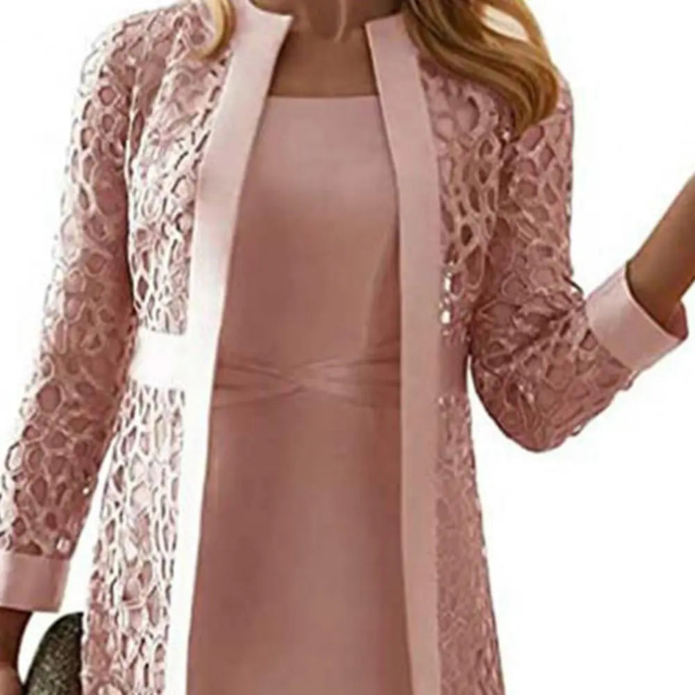 Elegant Two Piece Dress Solid Color Long Sleeve Knee-length