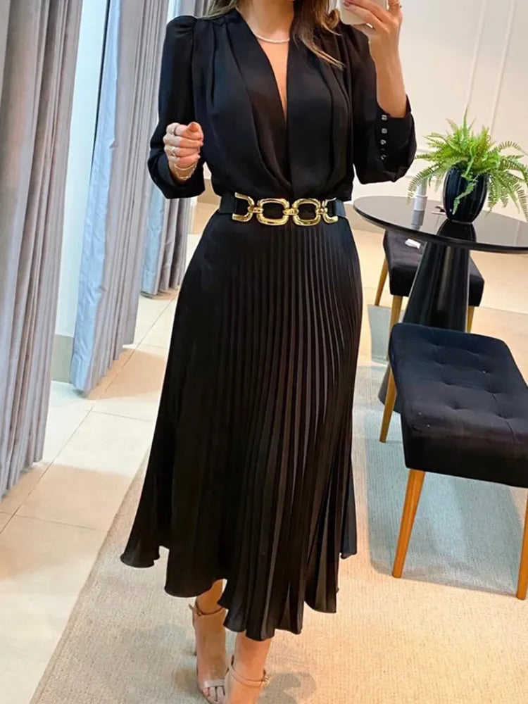 Ankle Length V Neck Long Sleeve Loose Elegant Office Dress