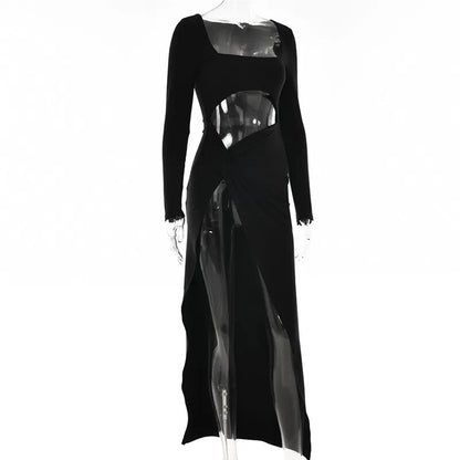 Hollow Out High Split Maxi Dress Full Sleeve Long Dress