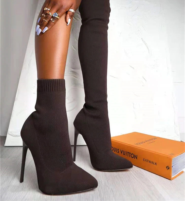 Stylish Solid Knitted High Heel Leg Ankle shoes