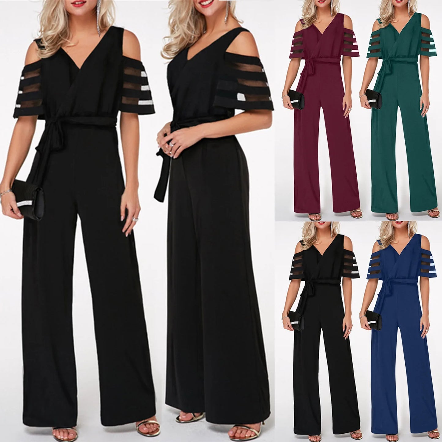 V-Neck Casual Jumpsuit with Lace-Up Detail, Short Sleeves, Loose Fit