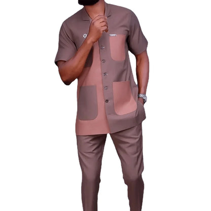 Men's Two-piece Short & Long Sleeve Dashiki Round Neck Solid Color