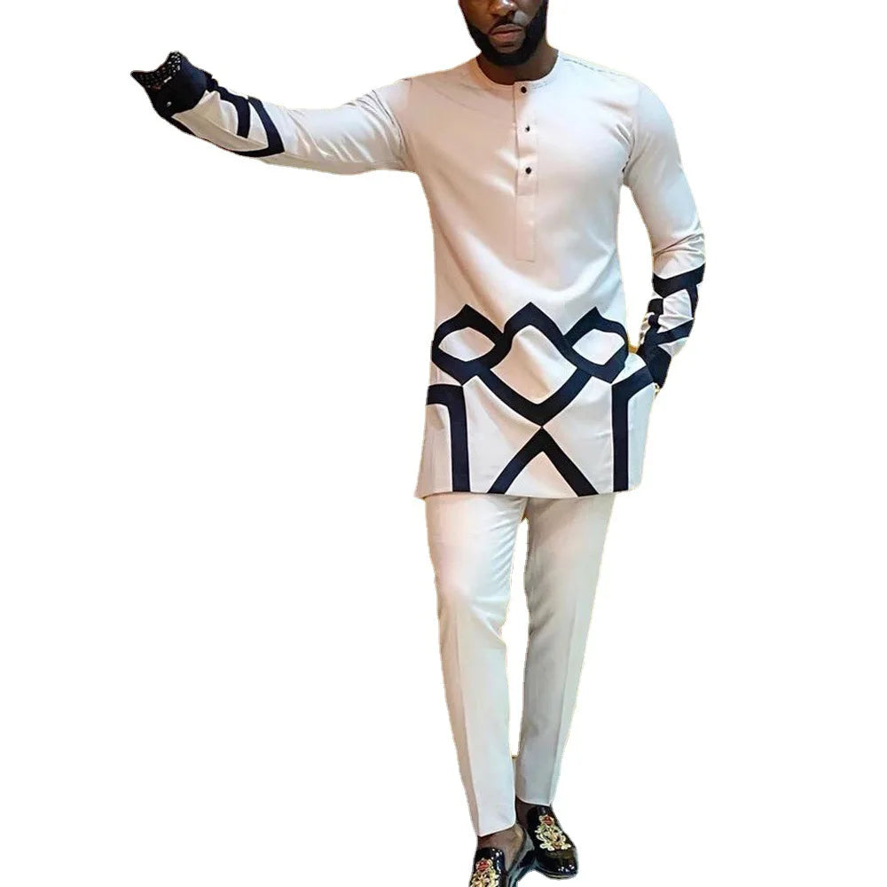 Striped Print Long Sleeve Men's African Dashiki Set 2 Pieces Outfit Set men Suit Dashiki Shirt Trouser