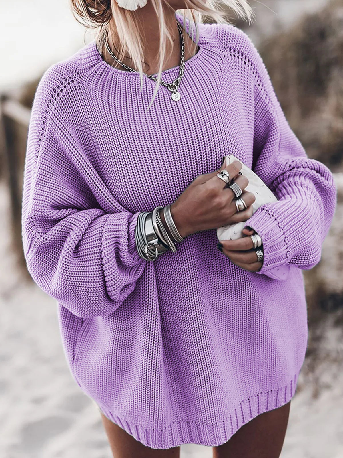 Oversized Sweater with Bat Sleeves and Round Neck Pullover Top Sizes S-XL