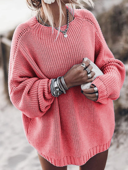 Oversized Sweater with Bat Sleeves and Round Neck Pullover Top Sizes S-XL