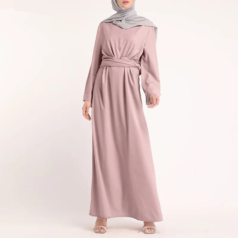 Elegant Simple Connection Belt Dress Long Middle Eastern Dress