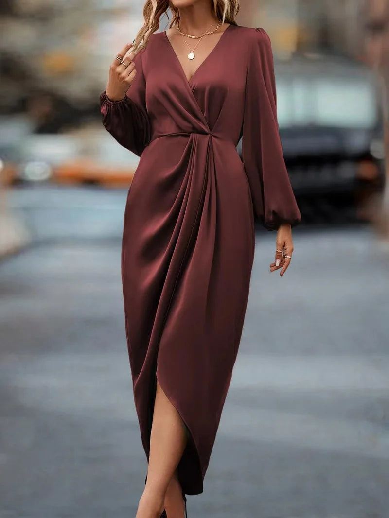 S-3XL New Solid Color Waistband Split V-neck Long sleeved Dress