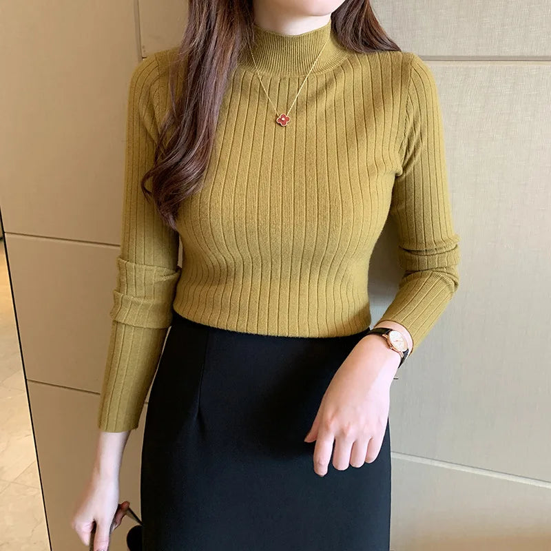 Elegant Knitted Sweater with Collar, Solid Color Long Sleeves