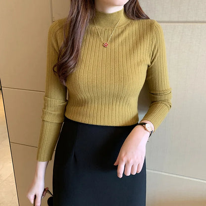 Elegant Knitted Sweater with Collar, Solid Color Long Sleeves