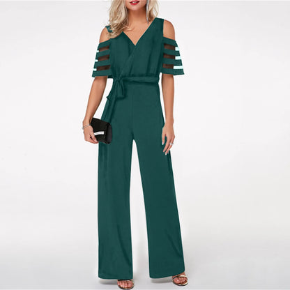 V-Neck Casual Jumpsuit with Lace-Up Detail, Short Sleeves, Loose Fit