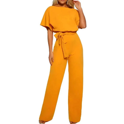 S-3XL lace up jumpsuit Short sleeved round neck loose fitting jumpsuit