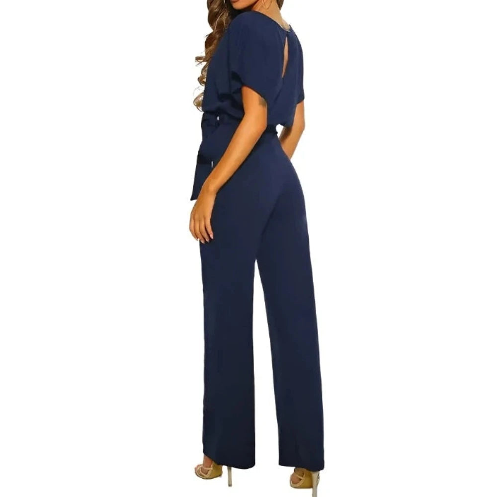 S-3XL lace up jumpsuit Short sleeved round neck loose fitting jumpsuit