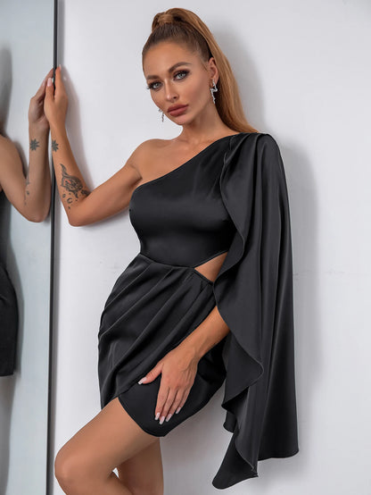 One Shoulder Satin Party Dress with Side Cut Out