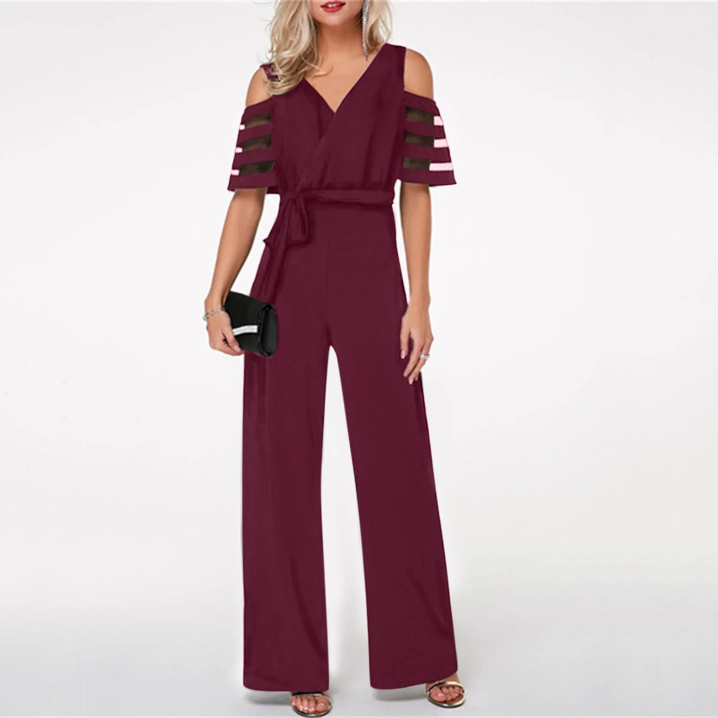 V-Neck Casual Jumpsuit with Lace-Up Detail, Short Sleeves, Loose Fit