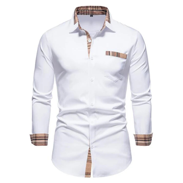 Slim fit long sleeve white button-up shirt: Spring plaid patchwork for men