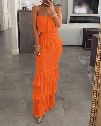 Women Fashion Bandeau Shirred Ruffle Hem Layered Dress