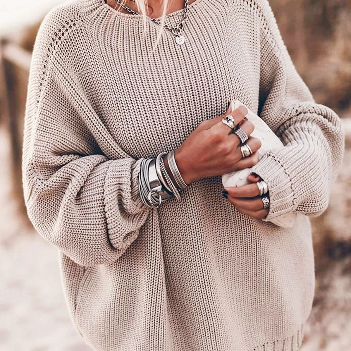 Oversized Sweater with Bat Sleeves and Round Neck Pullover Top Sizes S-XL