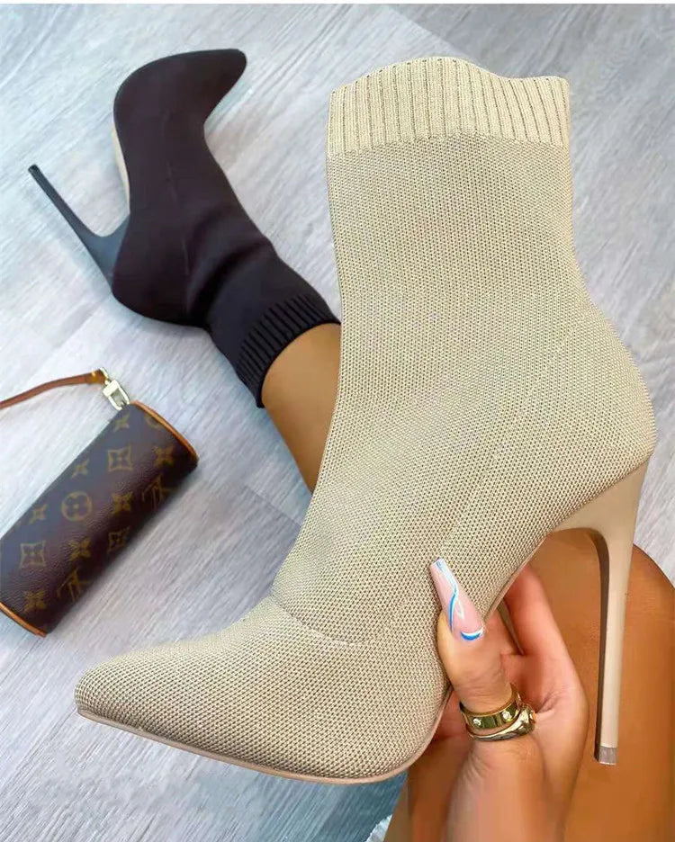 Stylish Solid Knitted High Heel Leg Ankle shoes