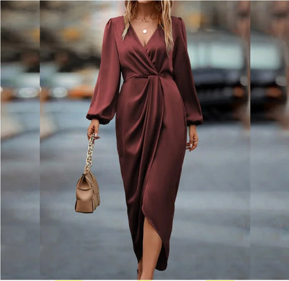 S-3XL New Solid Color Waistband Split V-neck Long sleeved Dress