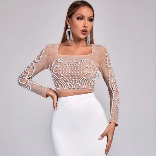 Long Sleeve Elegant Crop Tops Two Piece Skirt Set Sequined Dress