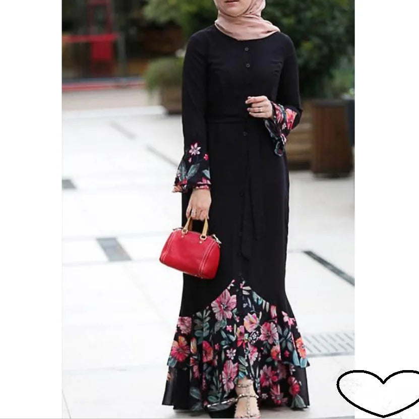 Embroidery Flowers Lace Cardigan Long Hijab Dress