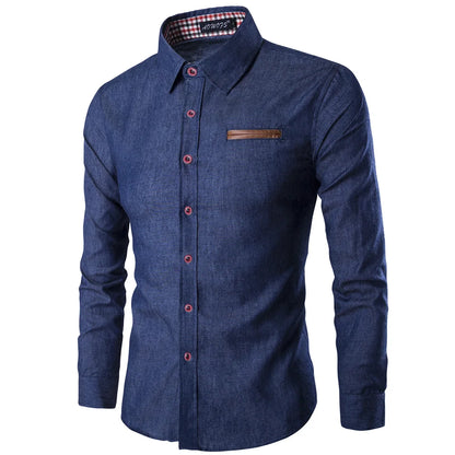 Stylish Washed Denim Men's Casual Slim Fit Shirt with Long Sleeves