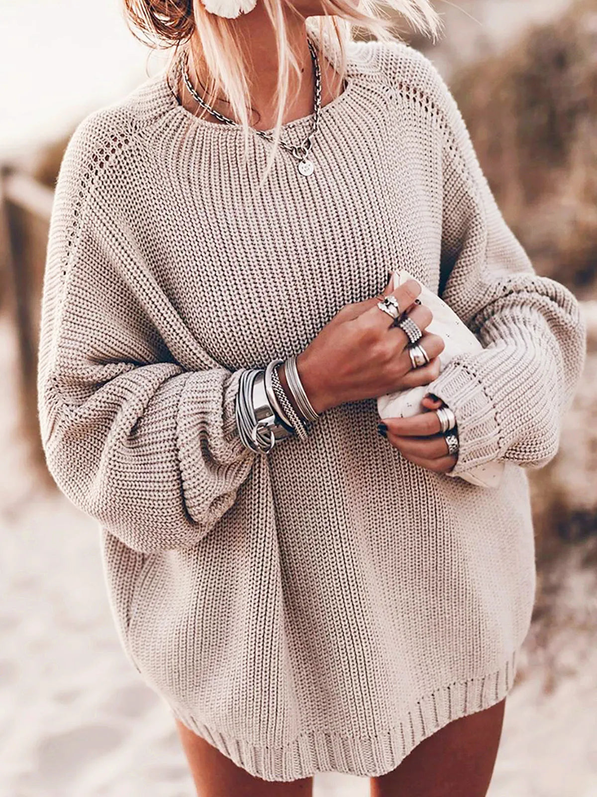 Oversized Sweater with Bat Sleeves and Round Neck Pullover Top Sizes S-XL