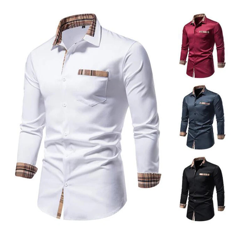 Slim fit long sleeve white button-up shirt: Spring plaid patchwork for men