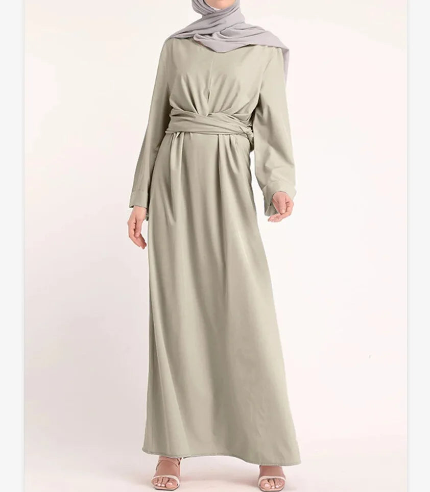 Elegant Simple Connection Belt Dress Long Middle Eastern Dress