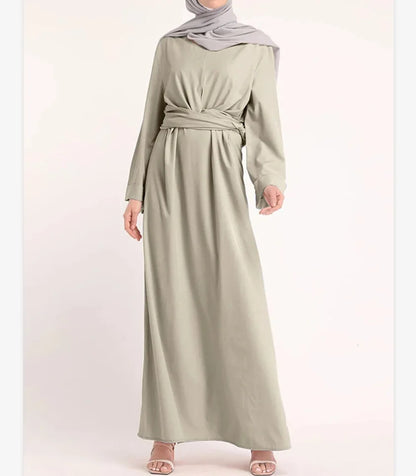 Elegant Simple Connection Belt Dress Long Middle Eastern Dress