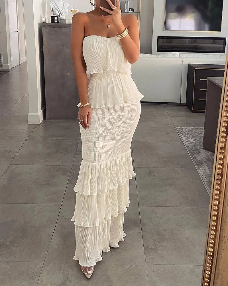 Women Fashion Bandeau Shirred Ruffle Hem Layered Dress