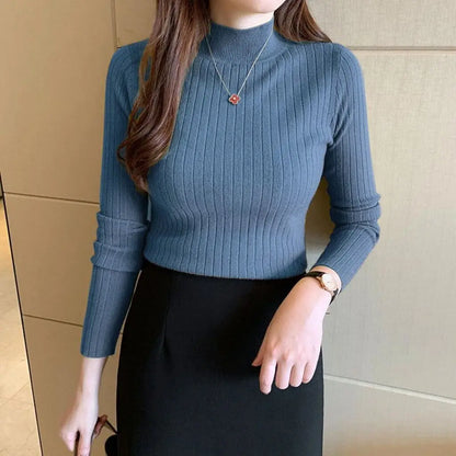 Elegant Knitted Sweater with Collar, Solid Color Long Sleeves