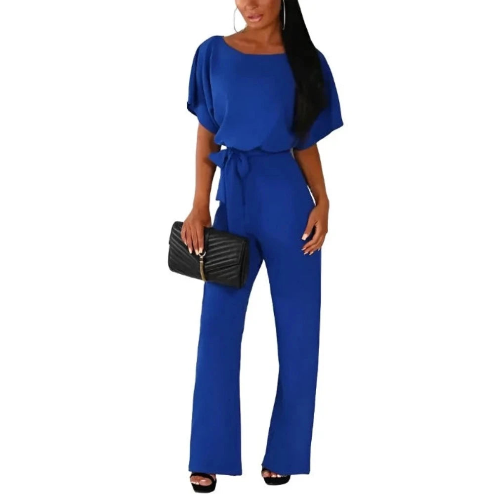 S-3XL lace up jumpsuit Short sleeved round neck loose fitting jumpsuit