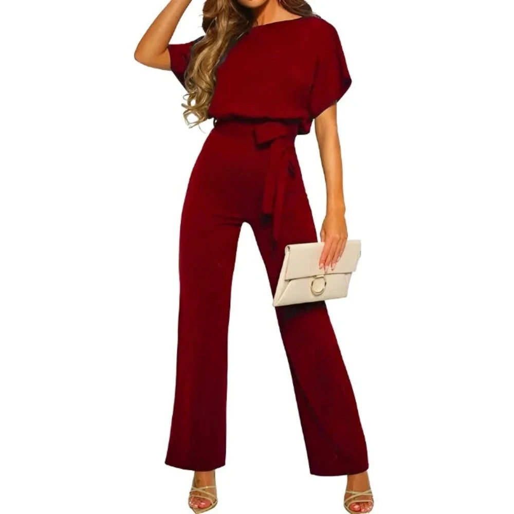 S-3XL lace up jumpsuit Short sleeved round neck loose fitting jumpsuit