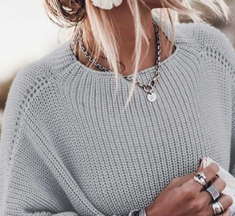 Oversized Sweater with Bat Sleeves and Round Neck Pullover Top Sizes S-XL