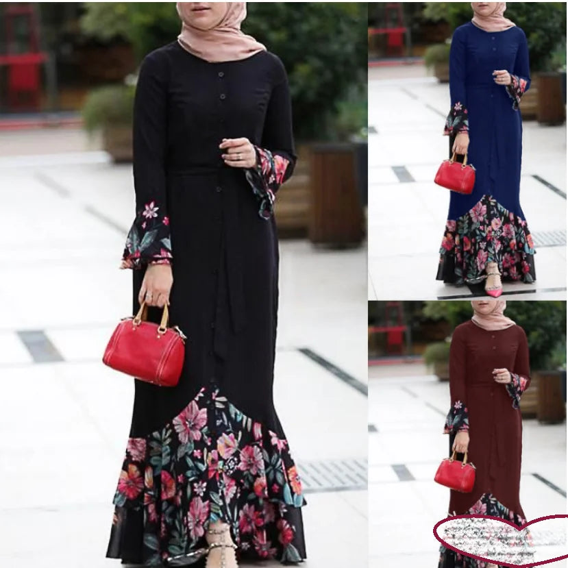 Embroidery Flowers Lace Cardigan Long Hijab Dress