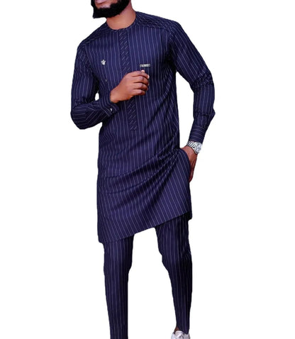 Striped Print Long Sleeve Men's African Dashiki Set 2 Pieces Outfit Set men Suit Dashiki Shirt Trouser